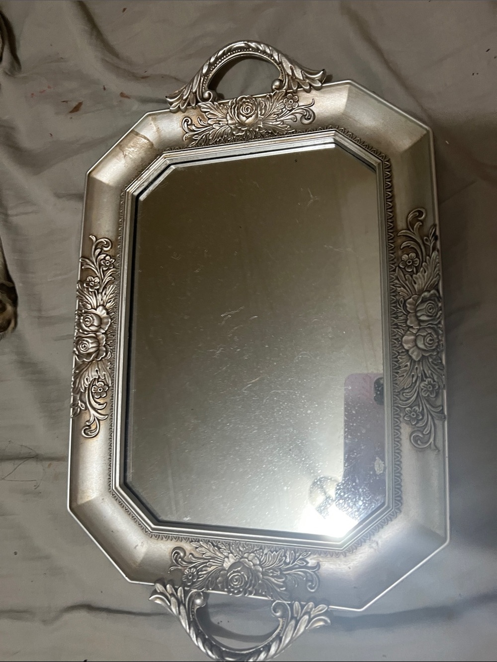 Ornate Silver Decorative Wall Mirror with Floral Frame